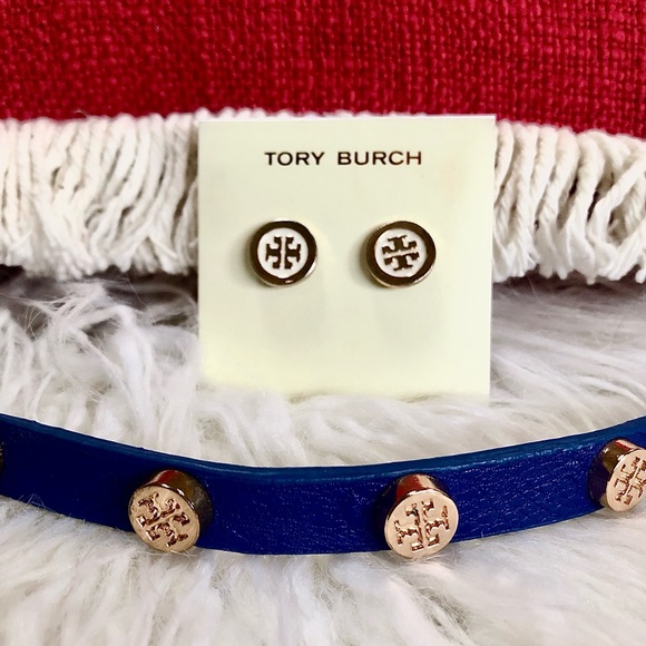 Tory Burch Bracelet & Earrings Set Studded Double Wrap Leather NWOT - Picture 3 of 13